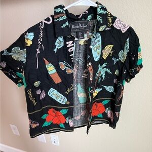 Nicole Miller Black Linen Shirt with Tropical Accents